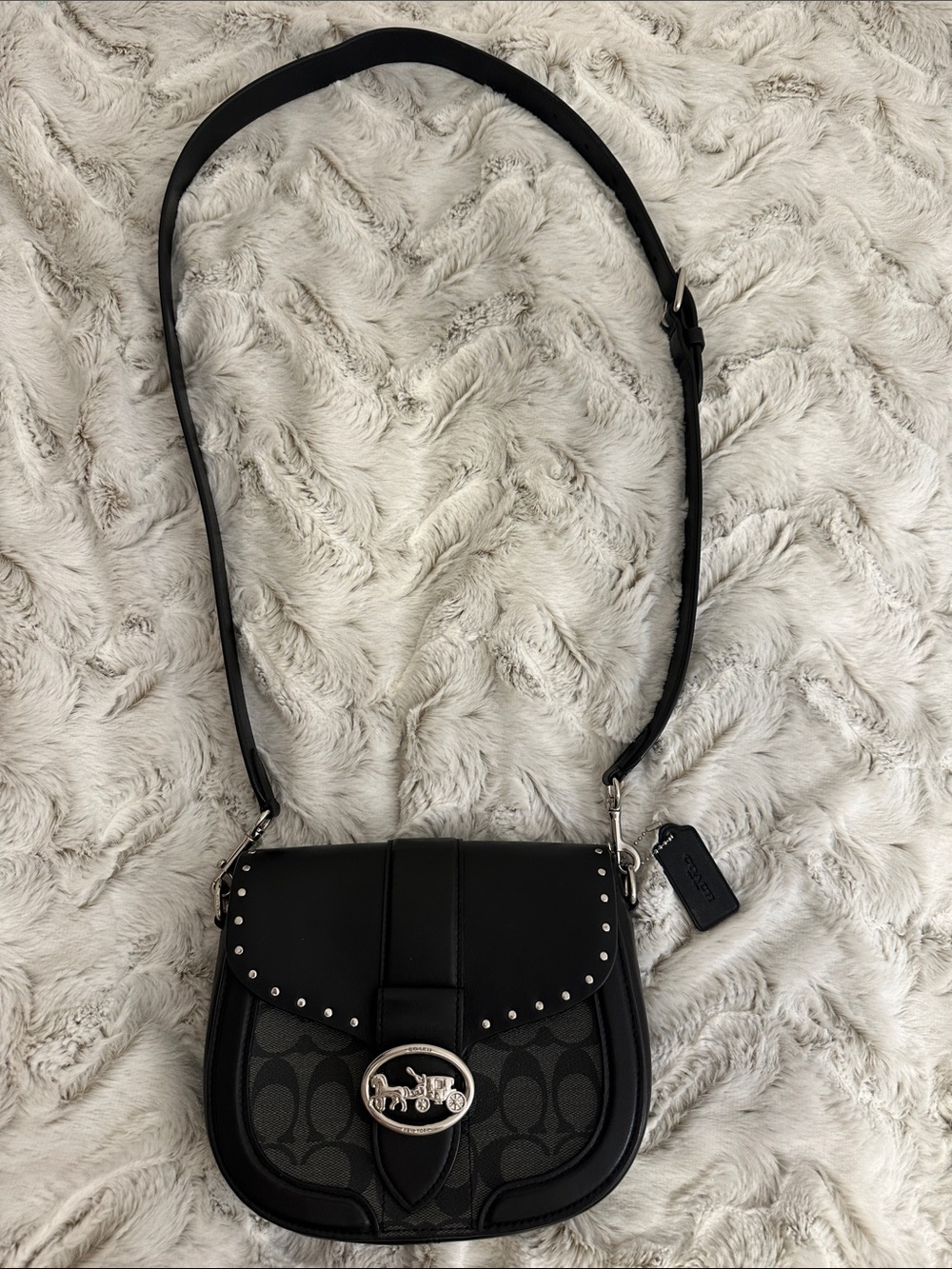 Coach Black Signature Saddle Crossbody with Silver Studs